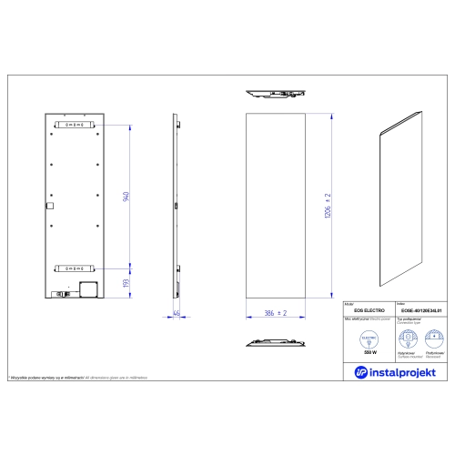 Grzejnik elektryczny EOS Electro biały mat lustro srebrne 40x120 cm EOSE-40/120E34L01 Instal Projekt