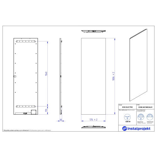 Grzejnik elektryczny EOS Electro czarny mat szyba czarna 60x180 cm EOSE-60/180E31L05 Instal Projekt