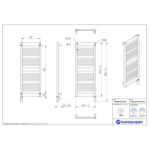 Grzejnik elektryczny FRAME Electro biały mat 40x110 cm FRAE-40/110C34+GH-03C1 Instal Projekt