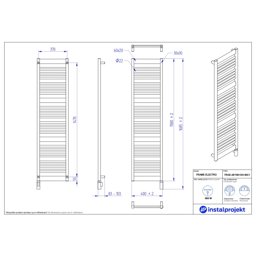 Grzejnik elektryczny FRAME Electro biały mat 40x160 cm FRAE-40/160C34+GH-06C1 Instal Projekt