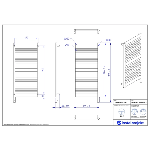 Grzejnik elektryczny FRAME Electro czarny 50x110 cm FRAE-50/110C75+GH-06C2 Instal Projekt