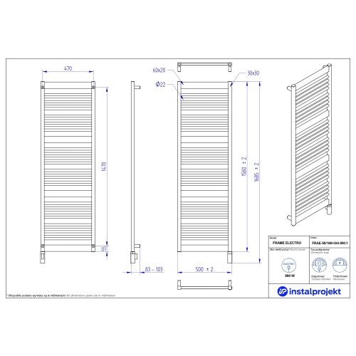 Grzejnik elektryczny FRAME Electro biały połysk 50x160 cm FRAE-50/160+GH-09C1 Instal Projekt