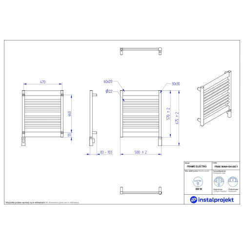 Grzejnik elektryczny FRAME Electro czarny mat 50x60 cm FRAE-50/60C31+GH-03C2 Instal Projekt