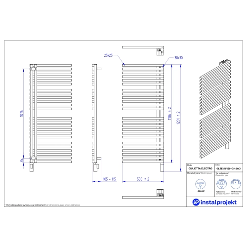 Grzejnik elektryczny GIULIETTA Electro biały mat 50x120 cm GLTE-50/120C34+GH-06C1 Instal Projekt