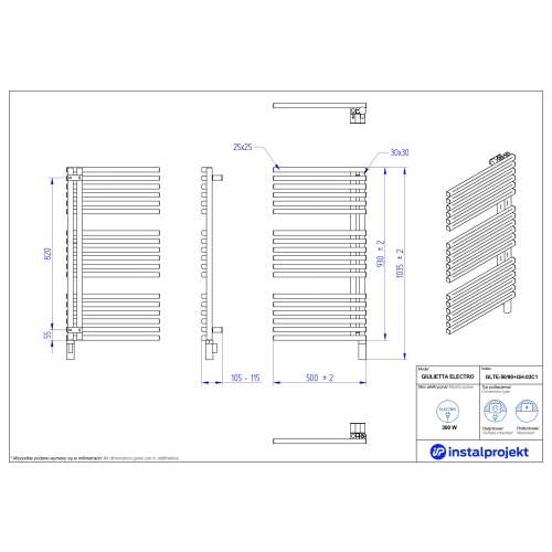 Grzejnik elektryczny GIULIETTA Electro biały mat 50x90 cm GLTE-50/90C34+GH-03C1 Instal Projekt