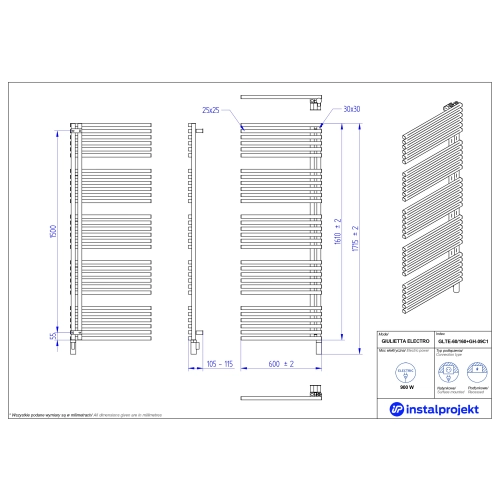 Grzejnik elektryczny GIULIETTA Electro czarny mat 60x160 cm GLTE-60/160C31+GH-09C2 Instal Projekt