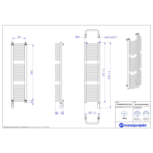 Grzejnik elektryczny STANDARD Electro biały połysk 30x120 cm GŁE-30/120+GH-06C1 Instal Projekt