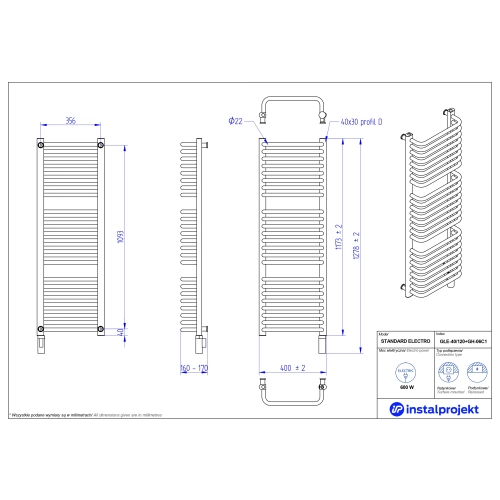 Grzejnik elektryczny STANDARD Electro biały połysk 40x120 cm GŁE-40/120+GH-06C1 Instal Projekt