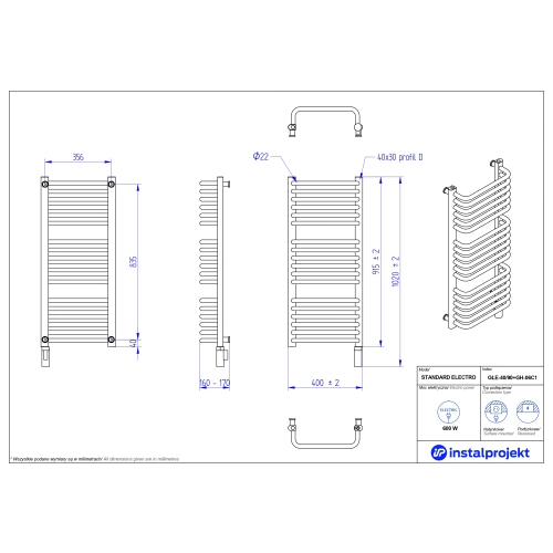 Grzejnik elektryczny STANDARD Electro biały połysk 40x90 cm GŁE-40/90+GH-06C1 Instal Projekt