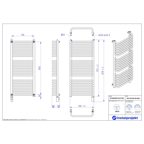 Grzejnik elektryczny STANDARD Electro biały połysk 50x120 cm GŁE-50/120+GH-06C1 Instal Projekt