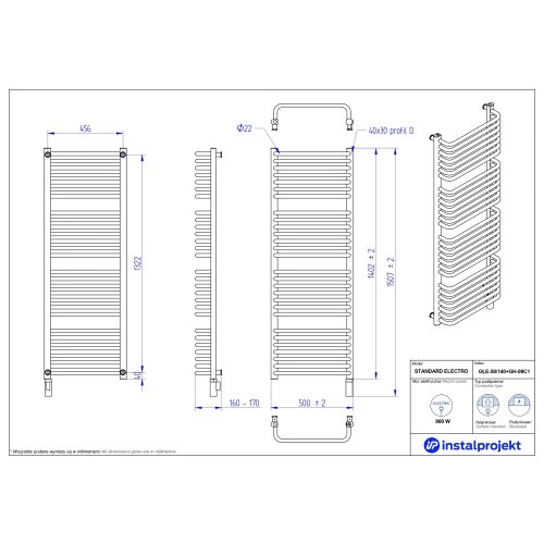 Grzejnik elektryczny STANDARD Electro biały połysk 50x140 cm GŁE-50/140+GH-09C1 Instal Projekt