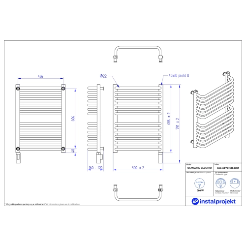 Grzejnik elektryczny STANDARD Electro biały połysk 50x70 cm GŁE-50/70+GH-03C1 Instal Projekt