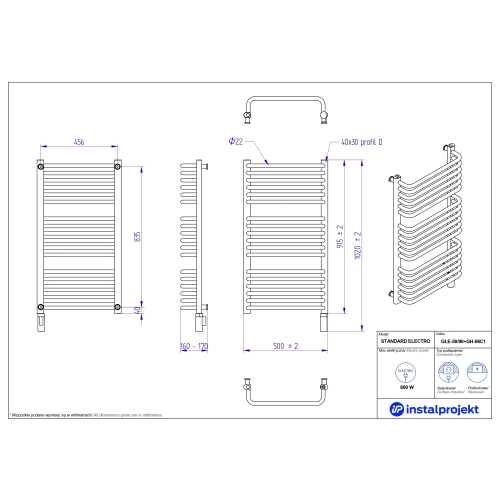 Grzejnik elektryczny STANDARD Electro biały połysk 50x90 cm GŁE-50/90+GH-06C1 Instal Projekt