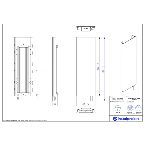 Grzejnik elektryczny INDIVI Electro biały lustro srebrne 40x120 cm INDE-40/120E34L01+GH-03C1 Instal Projekt