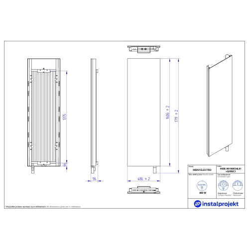 Grzejnik elektryczny INDIVI Electro biały lustro srebrne 50x160 cm INDE-50/160E34L01+GH-09C1 Instal Projekt