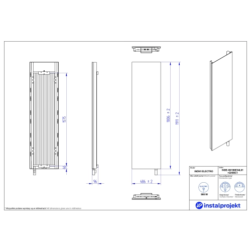 Grzejnik elektryczny INDIVI Electro biały lustro srebrne 50x180 cm INDE-50/180E34L01+GH-09C1 Instal Projekt