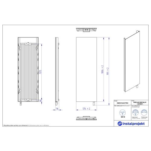 Grzejnik elektryczny INDIVI Electro biały lustro srebrne 60x180 cm INDE-60/180E34L01+GH-09C1 Instal Projekt