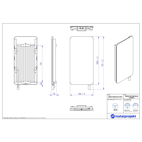 Grzejnik elektryczny INDIVI NEW Electro czarny mat szyba czarna 50x100 cm INDNE-50/100E31L05+GH-06C1 Instal Projekt