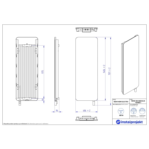 Grzejnik elektryczny INDIVI NEW Electro czarny szyba czarna 50x140 cm INDNE-50/140E31L05+GH-06C1 Instal Projekt