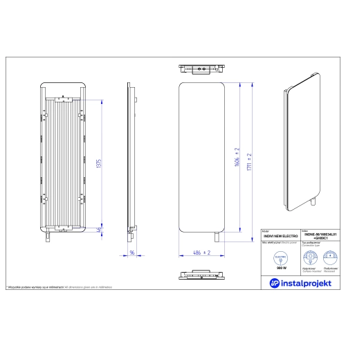 Grzejnik elektryczny INDIVI NEW Electro czarny mat szyba czarna 50x160 cm INDNE-50/160E31L05+GH-09C1 Instal Projekt