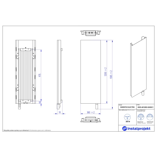 Grzejnik elektryczny  Instal Projekt Inventio Electro biały/silk ekran biały 40x120 cm INVE-40/120E+GH-03C1