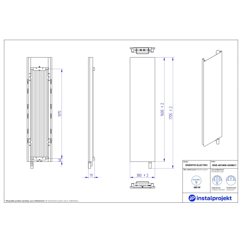 Grzejnik elektryczny  Instal Projekt Inventio Electro biały/silk ekran biały c57 40x160 cm INVE-40/160E57+GH-06C1