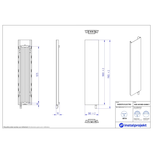 Grzejnik elektryczny  Instal Projekt Inventio Electro biały/silk ekran kremowy c37 40x180 cm INVE-40/180E37+GH-06C1