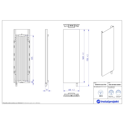 Grzejnik elektryczny  Instal Projekt Inventio Electro biały/silk ekran szary c69 50x160 cm INVE-50/160E69+GH-09C3