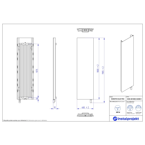 Grzejnik elektryczny  Instal Projekt Inventio Electro biały/silk ekran szary c19 50x180 cm INVE-50/180E19+GH-09C3