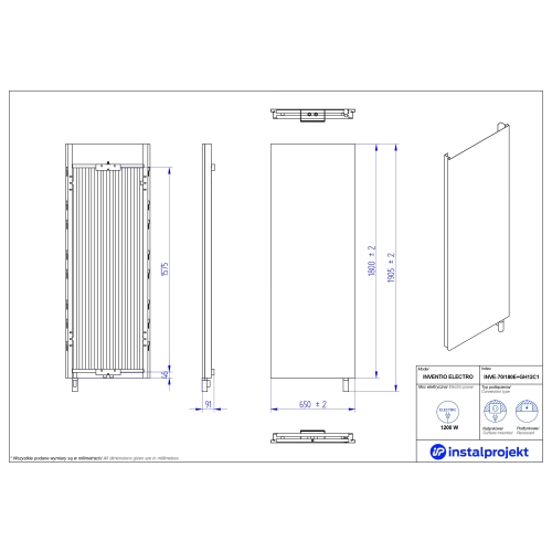 Grzejnik elektryczny  Instal Projekt Inventio Electro biały/silk ekran biały c36 70x180 cm INVE-70/180E36+GH-12C1