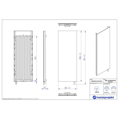 Grzejnik elektryczny  Paprocki & Brzozowski Inventio Electro Eclectic biały/silk ekran biały f. szkl. stiuk 70x180 cm INVE-70/180E34FS20+GH-12C1