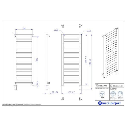 Grzejnik elektryczny MAKAO Electro czarny mat 50x120 cm MAKE-50/120C31+GH-06C2 Instal Projekt