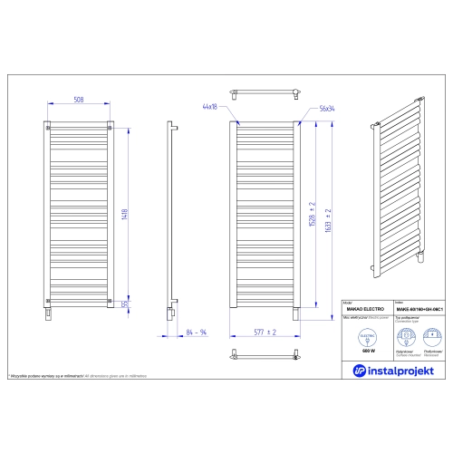 Grzejnik elektryczny MAKAO Electro biały mat 60x160 cm MAKE-60/160C34+GH-09C1 Instal Projekt