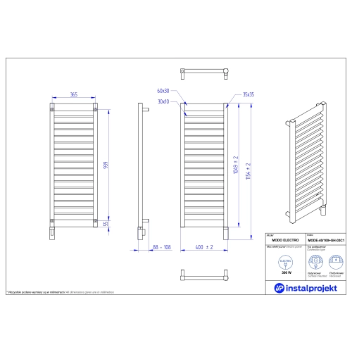 Grzejnik elektryczny MODO Electro biały połysk 40x100 cm MODE-40/100+GH-04C1 Instal Projekt