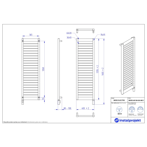 Grzejnik elektryczny MODO Electro biały mat 40x140 cm MODE-40/140C34+GH-06C1 Instal Projekt