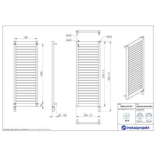 Grzejnik elektryczny MODO Electro czarny mat 50x140 cm MODE-50/140C31+GH-06C2 Instal Projekt