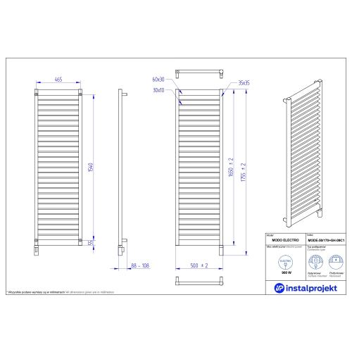 Grzejnik elektryczny MODO Electro czarny mat 50x170 cm MODE-50/170C31+GH-09C2 Instal Projekt