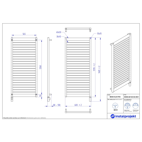 Grzejnik elektryczny MODO Electro czarny mat 60x140 cm MODE-60/140C31+GH-09C2 Instal Projekt