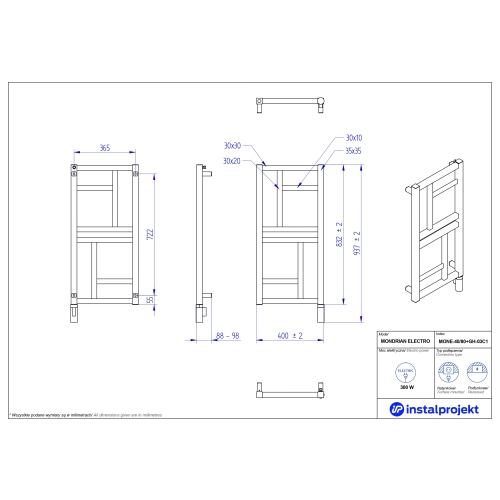 Grzejnik elektryczny MONDRIAN Electro biały połysk 40x80 cm MONE-40/80+GH-03C1 Instal Projekt