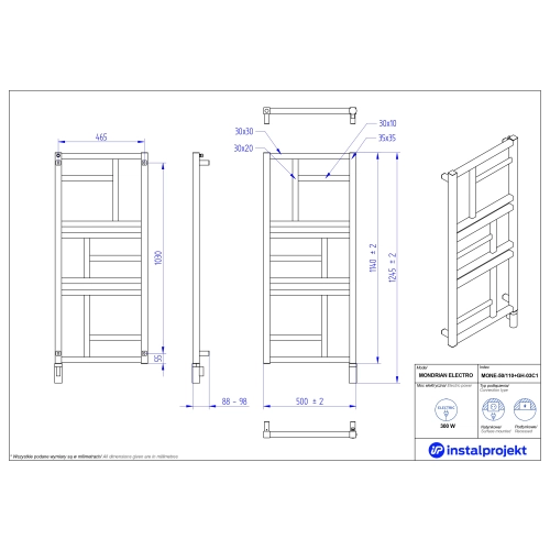 Grzejnik elektryczny MONDRIAN Electro biały połysk 50x110 cm MONE-50/110+GH-04C1 Instal Projekt