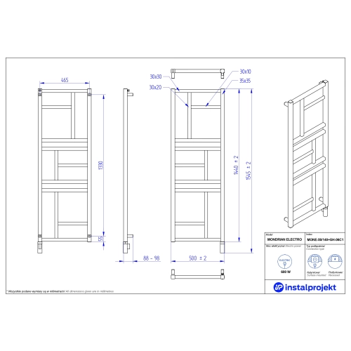 Grzejnik elektryczny MONDRIAN Electro biały połysk 50x140 cm MONE-50/140+GH-04C1 Instal Projekt