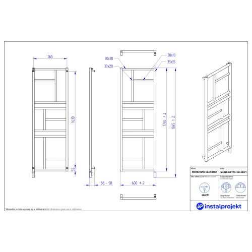 Grzejnik elektryczny MONDRIAN Electro biały mat 60x170 cm MONE-60/170C34+GH-06C1 Instal Projekt