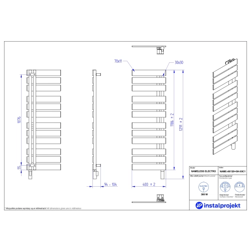 Grzejnik elektryczny NAMELESS Electro biały mat 40x120 cm NAME-40/120C34+GH-03C1 Instal Projekt