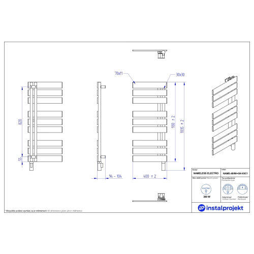 Grzejnik elektryczny NAMELESS Electro biały mat 40x90 cm NAME-40/90C34+GH-03C1 Instal Projekt