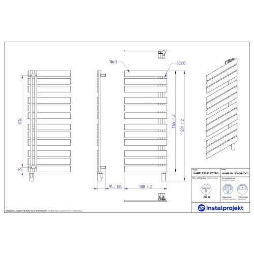 Grzejnik elektryczny NAMELESS Electro biały mat 50x120 cm NAME-50/120C34+GH-03C1 Instal Projekt