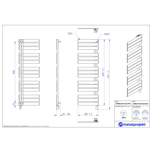 Grzejnik elektryczny NAMELESS Electro biały mat 50x160 cm NAME-50/160C34+GH-06C1 Instal Projekt