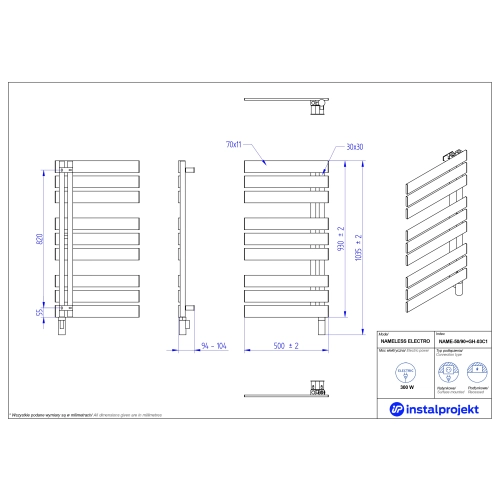 Grzejnik elektryczny NAMELESS Electro biały mat 50x90 cm NAME-50/90C34+GH-03C1 Instal Projekt