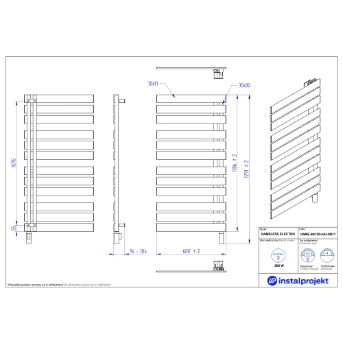 Grzejnik elektryczny NAMELESS Electro biały mat 60x120 cm NAME-60/120C34+GH-06C1 Instal Projekt