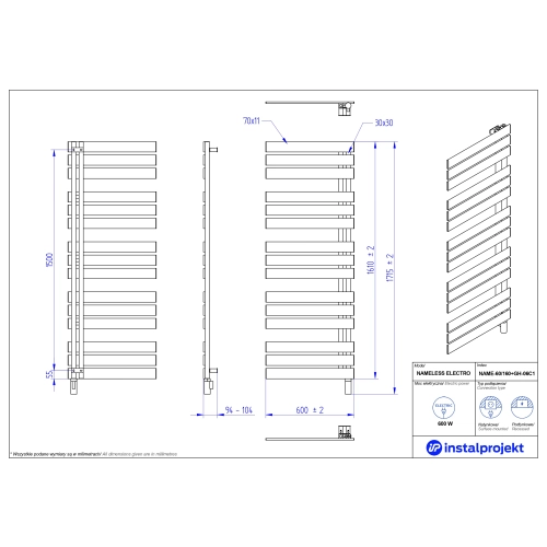 Grzejnik elektryczny NAMELESS Electro czarny 60x160 cm NAME-60/160C75+GH-06C2 Instal Projekt