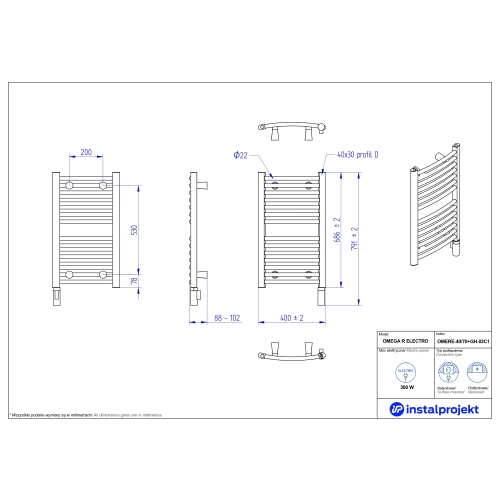 Grzejnik elektryczny OMEGA R Electro biały połysk 40x70 cm OMERE-40/70+GH-03C1 Instal Projekt